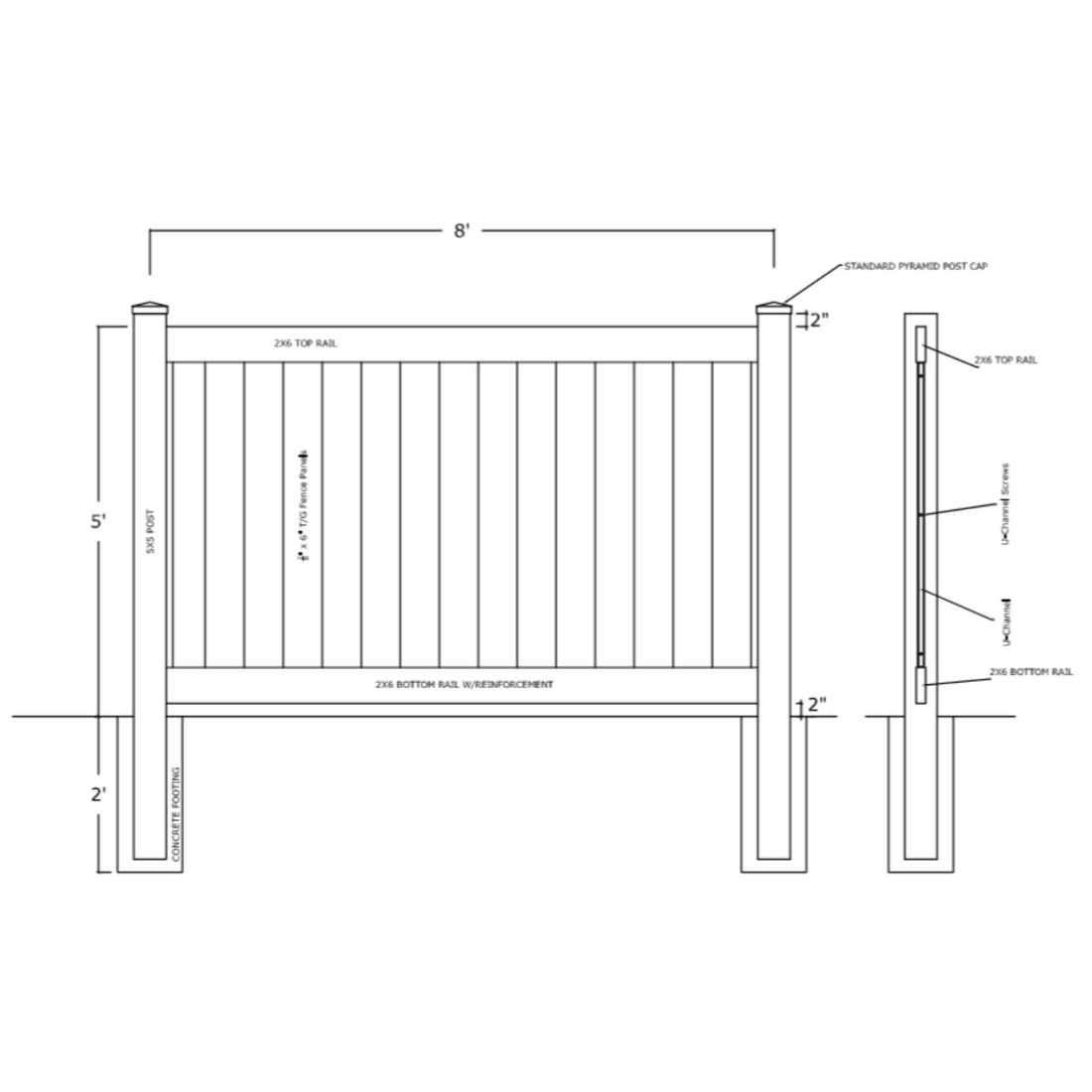 Textured Driftwood Vinyl Post 5x5in Clark, 5ft Fence- Line Options