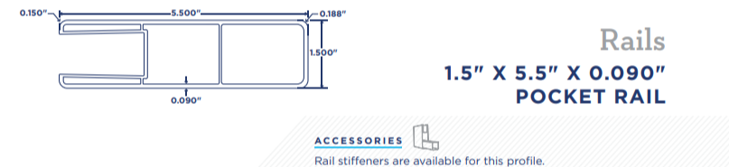 Vinyl 1.5in x 5.5in x 8ft Pocket Rail Clark/Nehalem For 8ft Post Spacing- Color Options